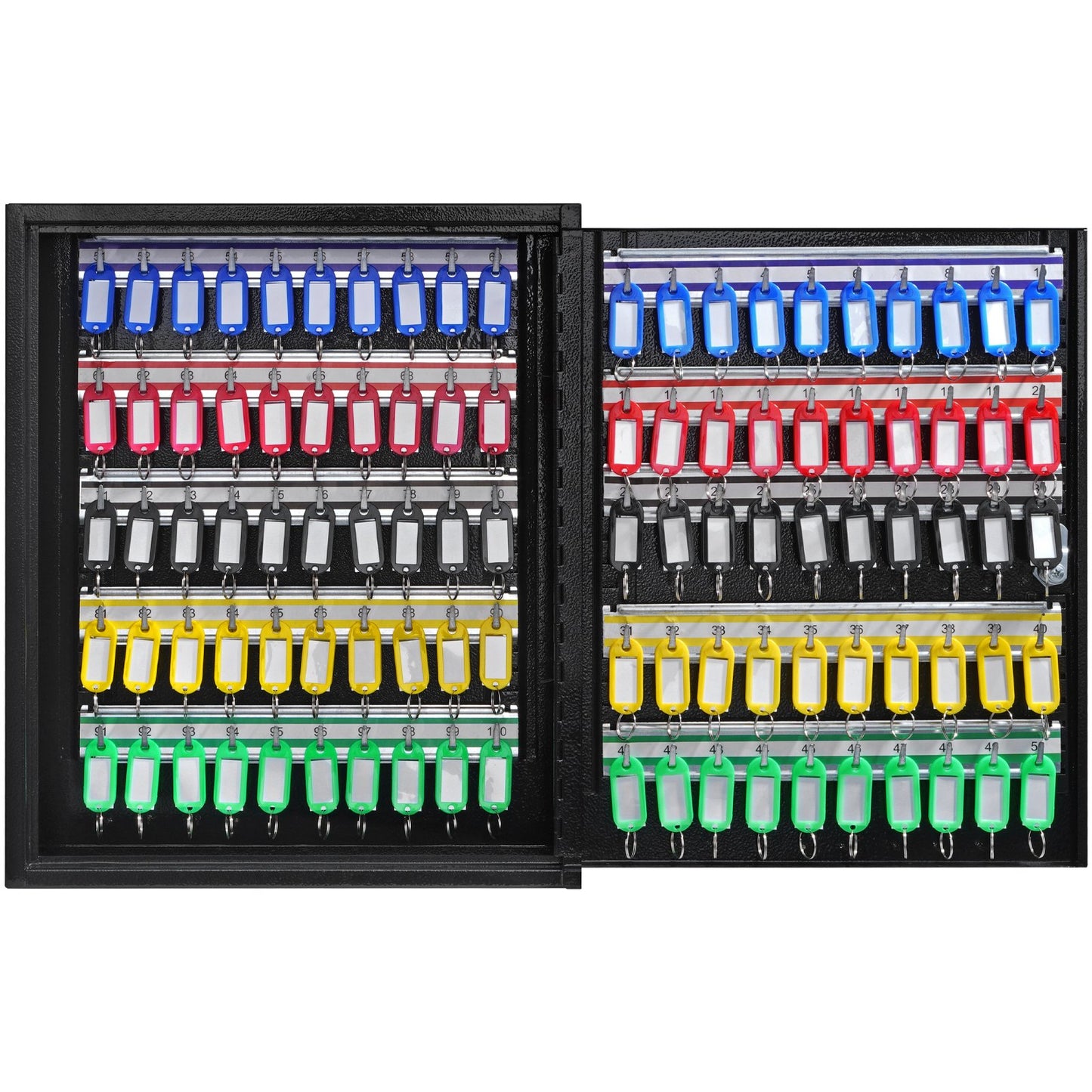 Schlüsselschrank für 100 Schlüssel, Schlüsseltresor mit verstellbaren Halterungen, Sicherheits-Schlüsselaufbewahrungsbox aus Stahl, Schlüsselorganizer mit 100 farbigen Schlüsselanhängern und 2 Karteikarten für Schule, Büro und Hotel