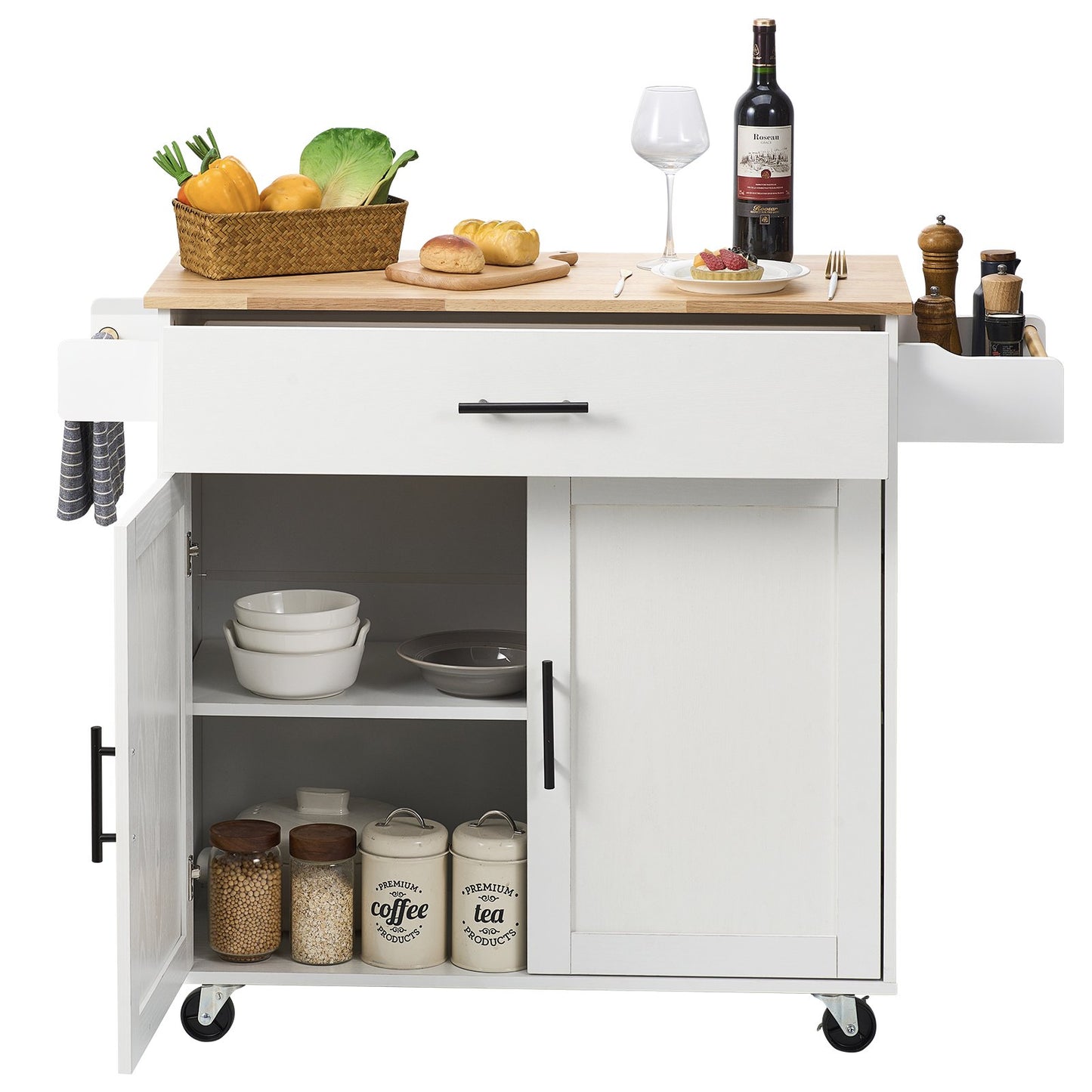 Kitchen Island Cart with Solid Wood Top, 90 cm Width Mobile Carts with Storage Cabinet, Rolling Kitchen Table with Spice Rack, Towel Rack, Drop Leaf and Drawer, Portable Islands on Wheels, White
