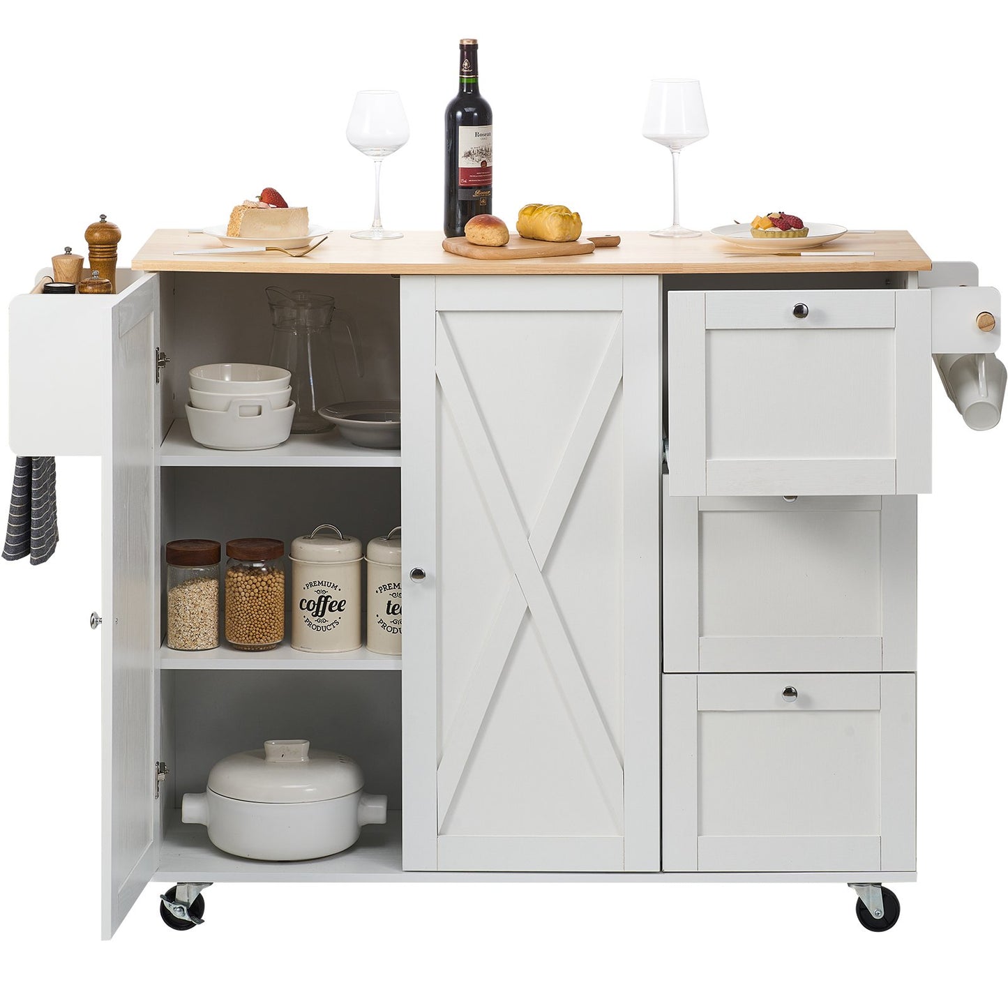Kitchen Island Cart with Solid Wood Top, 115 cm Width Mobile Carts with Storage Cabinet, Rolling Kitchen Table with Spice Rack, Towel Rack, Drop Leaf and Drawer, Portable Islands on Wheels, White