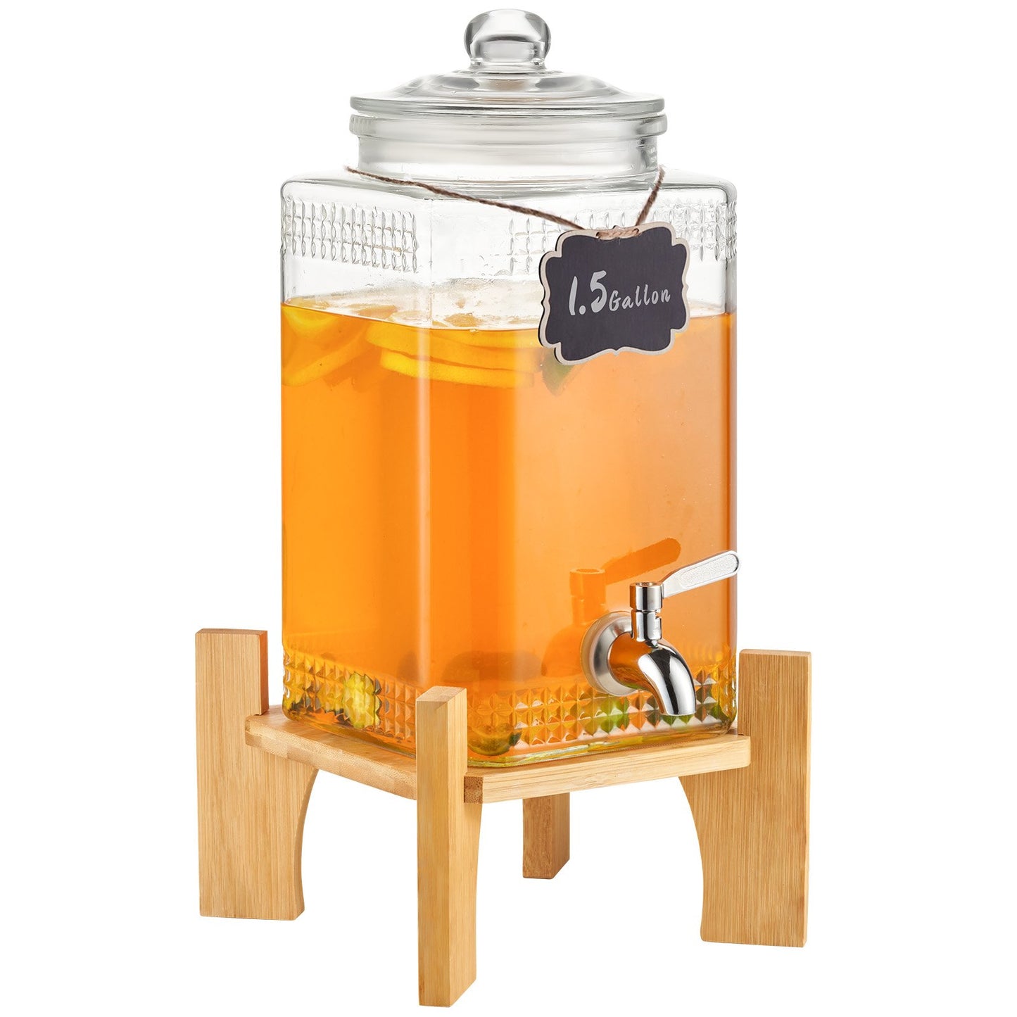 Beverage Dispenser, 1.5 Gallon/5.5 L Drink Dispensers for Parties, Glass Juice Dispenser with Stand, Stainless Steel Spigot, Iced Tea Lemonade Juice Water Dispenser, for Restaurants, Hotels, Parties