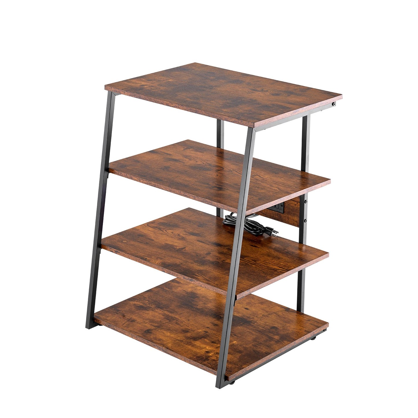 4-stufiger AV-Medienständer mit Steckdosenleisten, Eck-TV-Ständer mit LED-Beleuchtung, höhenverstellbare Holzregale für DVD-Player/Kabelreceiver/Spielekonsolen, Braun