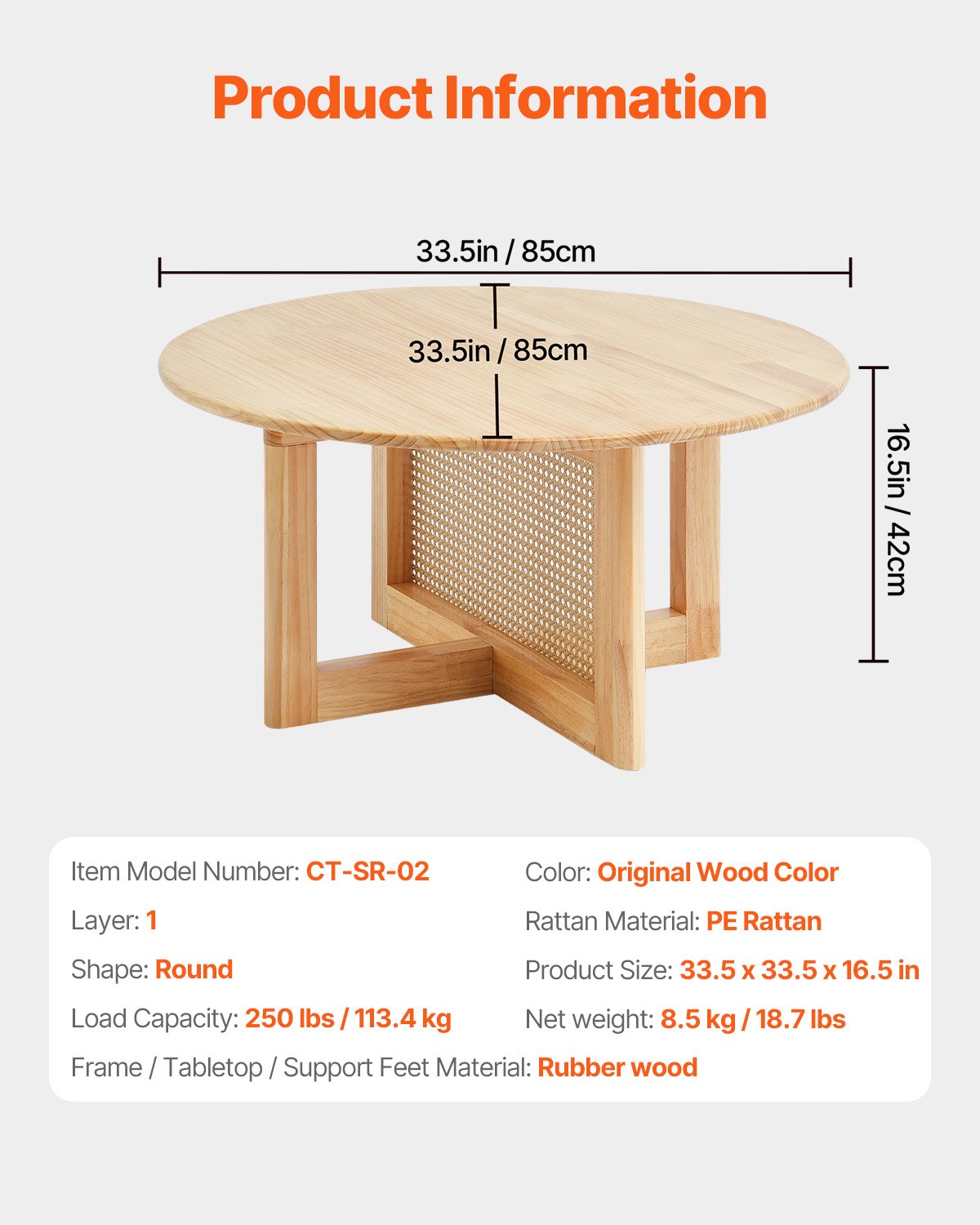 Rattan Coffee Table, Round Rattan Woven Wood Coffee Table with Rubber Wood Top, 33 in Modern Boho Circular Storage Coffee Table with Natural Wood Legs, for Living Room, Bedroom & Small Spaces