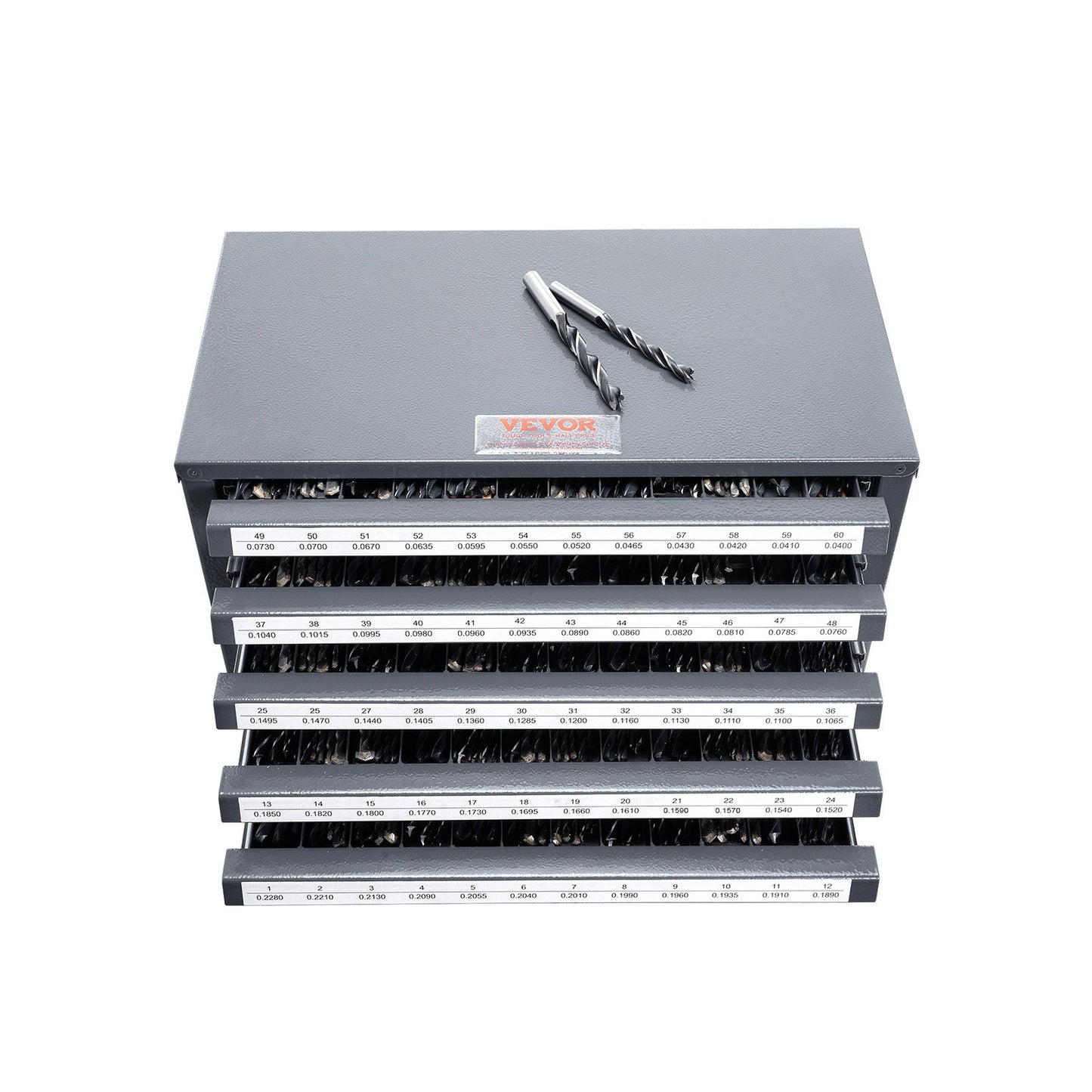 Bohreraufbewahrungsschrank mit fünf Schubladen für Stahlbohrer der Größen 1 bis 60, inklusive Etiketten und stapelbarem Fach zur Aufbewahrung von Bohrern