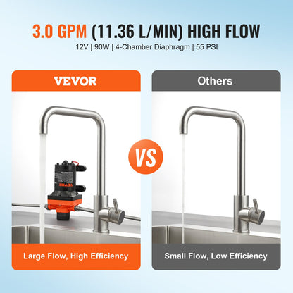 12V-Membranpumpe 3GPM 11,36 L/min 4-Kamm-Vattenpumpe Tryckbrytare