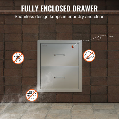 Outdoor Kitchen Drawers 18W x 20.6H x 12.7D Inch, Flush Mount Double BBQ Drawers Stainless Steel with Handle, BBQ Island Drawers for Outdoor Kitchens or Patio Grill Station