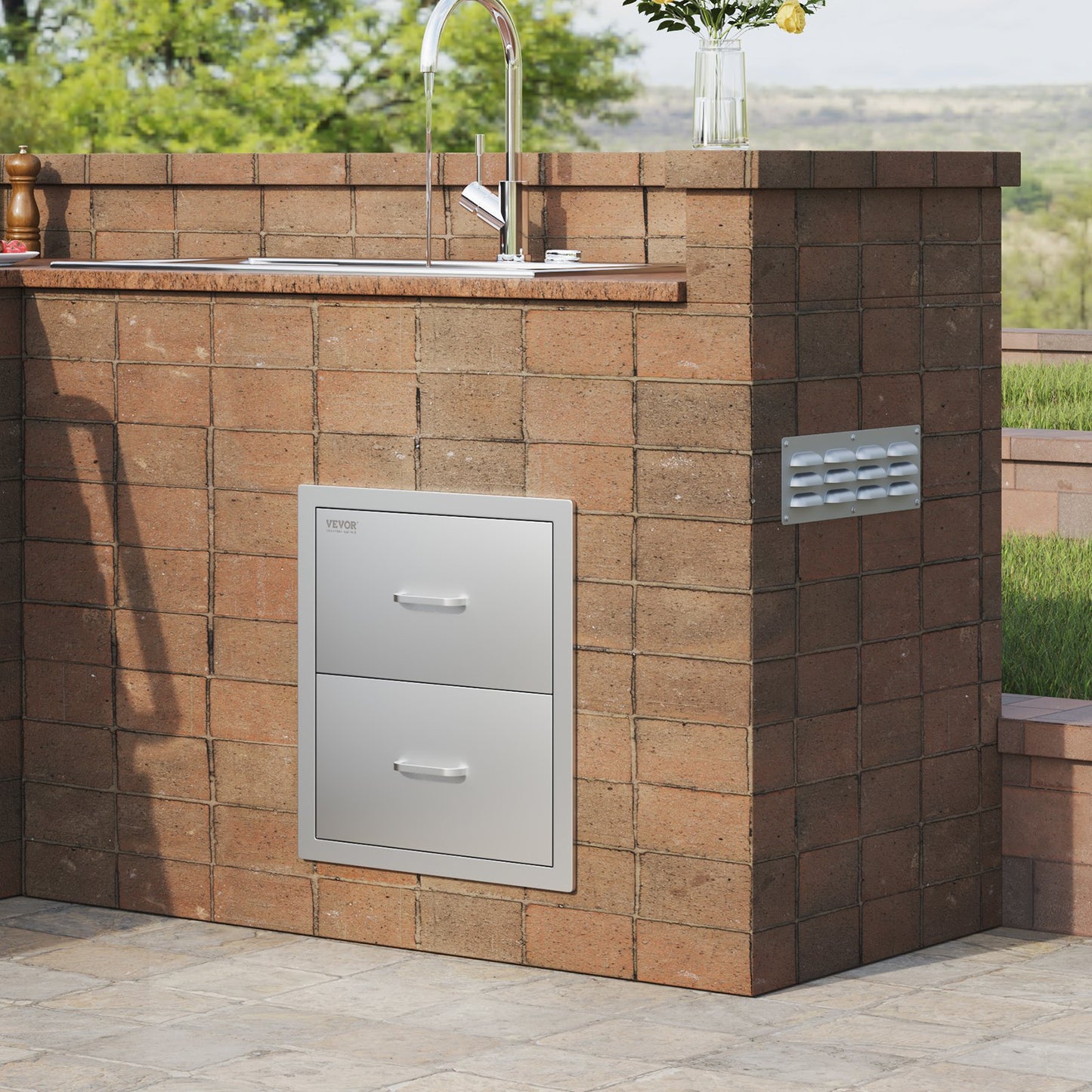 Outdoor Kitchen Drawers 18W x 20.6H x 12.7D Inch, Flush Mount Double BBQ Drawers Stainless Steel with Handle, BBQ Island Drawers for Outdoor Kitchens or Patio Grill Station