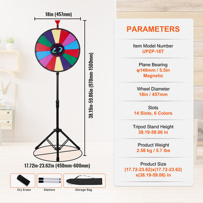 18” Prize Wheel Tripod Floor Stand Color Prize Wheel Fortune Spinner 14 Slots Dry Ease Tradeshow Fortune Spinning Game(18inch)