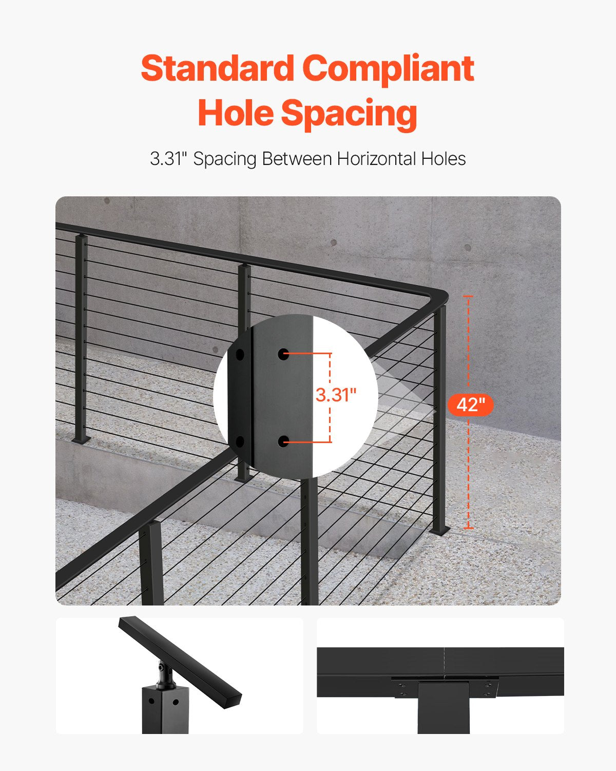Kabelgeländerpfosten, 42 x 1 x 2 Zoll Eckgeländerpfosten, mit L-förmigen vorgebohrten Löchern, Kabelgeländerpfosten aus Edelstahl mit horizontaler und gebogener Halterung, 1 Stück, Schwarz, 1JZLGZXHS10607YXO001V0