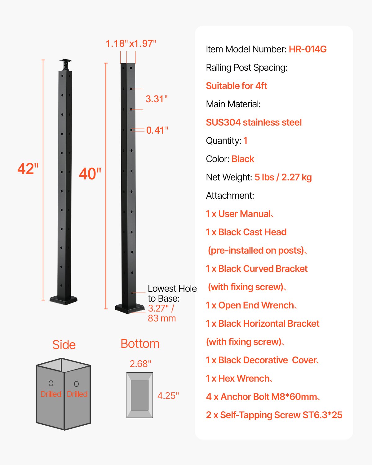 Kabelgeländerpfosten, 42 x 1 x 2 Zoll Eckgeländerpfosten, mit L-förmigen vorgebohrten Löchern, Kabelgeländerpfosten aus Edelstahl mit horizontaler und gebogener Halterung, 1 Stück, Schwarz, 1JZLGZXHS10607YXO001V0
