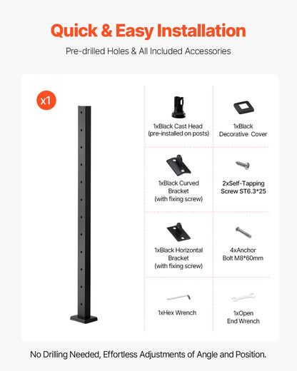 Geländerpfosten aus Edelstahl, 42 x 2 x 2 Zoll, ebene Treppenpfosten, 1 Stück, vorgebohrte Pfosten mit Montagehalterung, Treppengeländer-Set, Schwarz, 1JZLGZXHS106AWJO6001V0