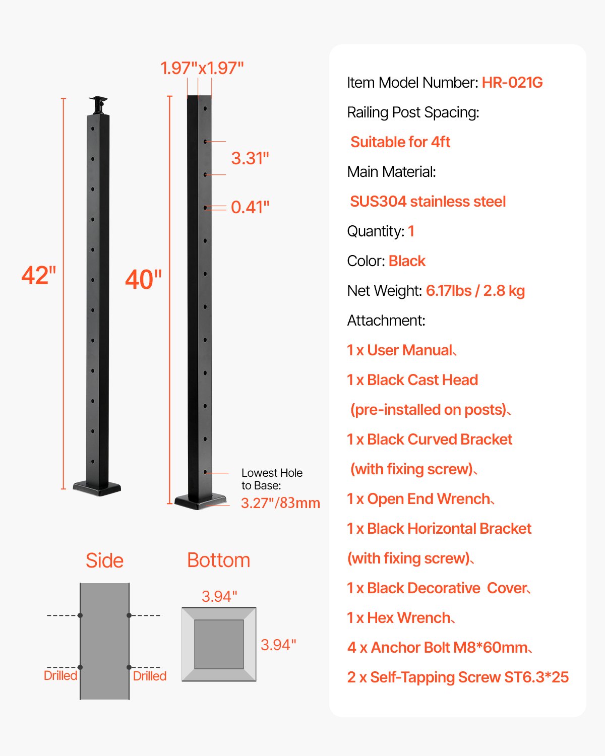 Geländerpfosten aus Edelstahl, 42 x 2 x 2 Zoll, ebene Treppenpfosten, 1 Stück, vorgebohrte Pfosten mit Montagehalterung, Treppengeländer-Set, Schwarz, 1JZLGZXHS106AWJO6001V0
