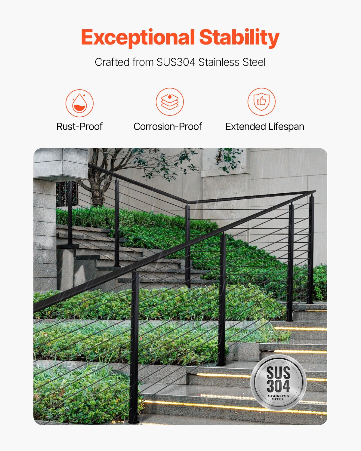 Treppengeländerpfosten aus Edelstahl, 42 x 1 x 2 Zoll, mit vorgebohrten 30°-Winkellöchern, inklusive horizontaler und gebogener Halterung, 1 Stück, Schwarz, 1JZLGZXHS106VRA3X001V0