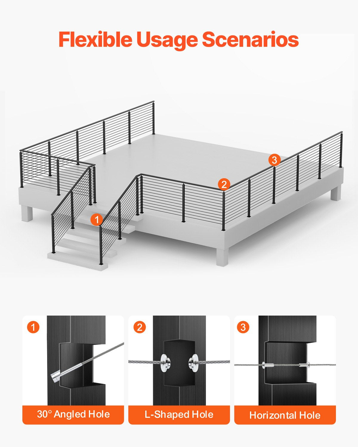 Treppengeländerpfosten aus Edelstahl, 42 x 1 x 2 Zoll, mit vorgebohrten 30°-Winkellöchern, inklusive horizontaler und gebogener Halterung, 1 Stück, Schwarz, 1JZLGZXHS106VRA3X001V0