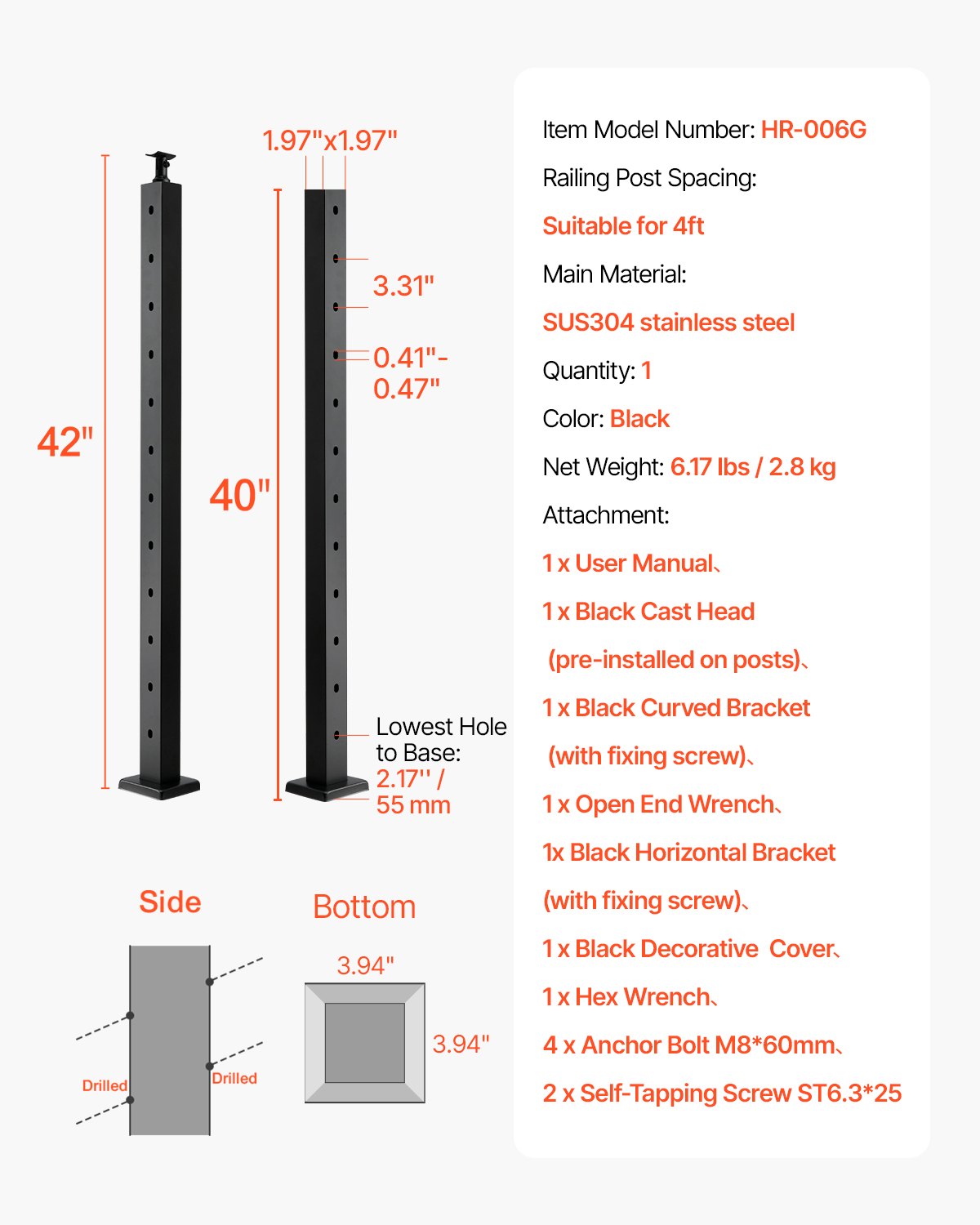 Treppengeländerpfosten aus Edelstahl, 42 x 2 x 2 Zoll, mit vorgebohrten 30°-Winkellöchern, inklusive horizontaler und gebogener Halterung, 1 Stück, Schwarz, 1JZLGZXHS106W3XAA001V0