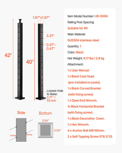 Treppengeländerpfosten aus Edelstahl, 42 x 2 x 2 Zoll, mit vorgebohrten 30°-Winkellöchern, inklusive horizontaler und gebogener Halterung, 1 Stück, Schwarz, 1JZLGZXHS106W3XAA001V0