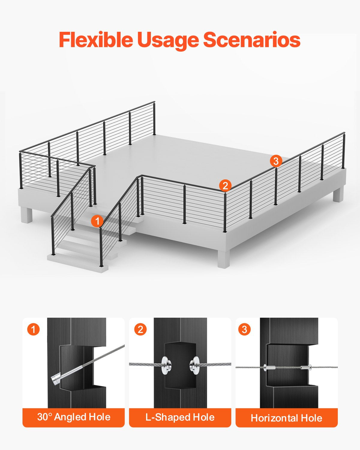 Treppengeländerpfosten aus Edelstahl, 36 x 1 x 2 Zoll, mit vorgebohrten 30°-Winkellöchern, inklusive horizontaler und gebogener Halterung, 1 Stück, Schwarz, 1JZLGZXHS91402OS1001V0