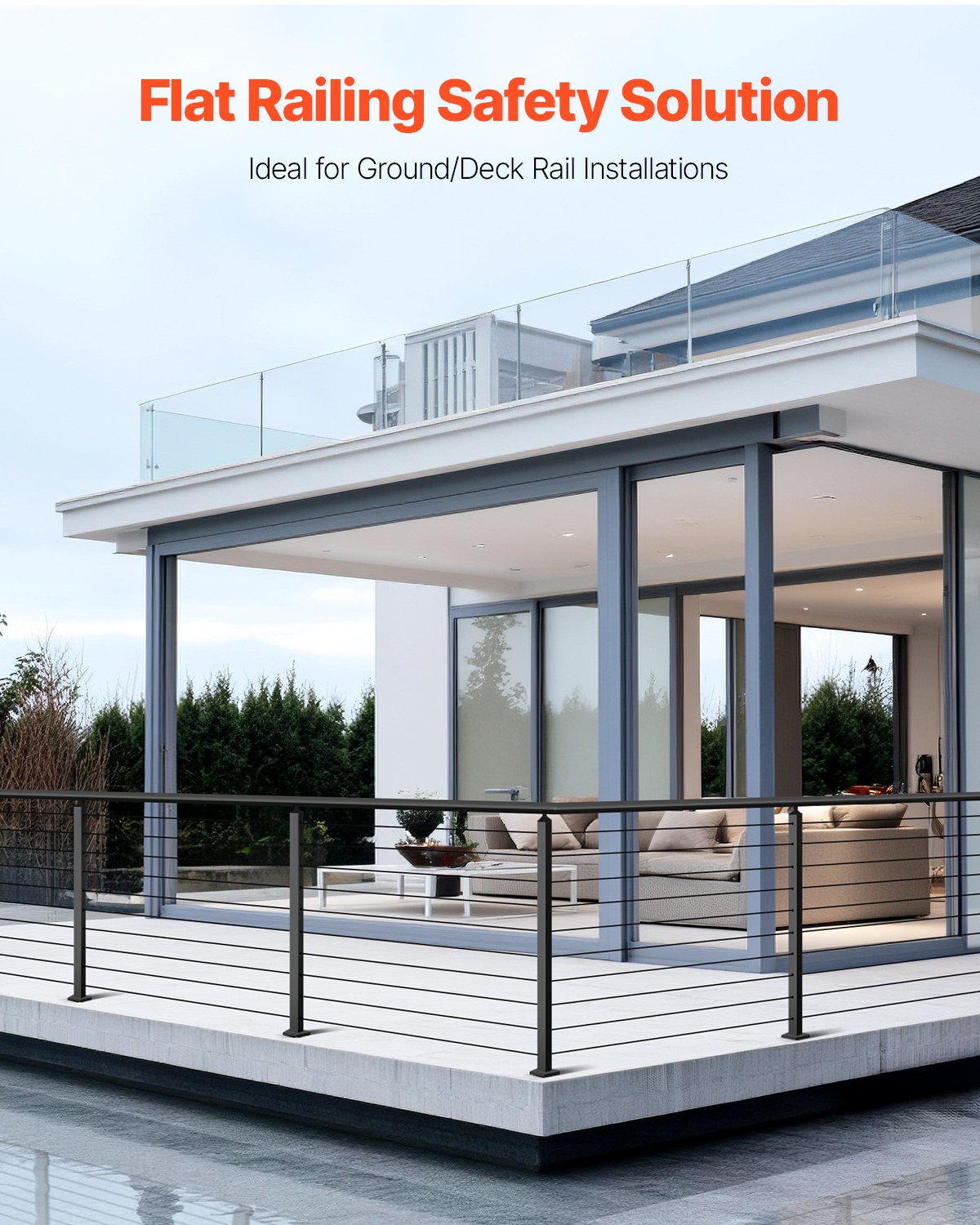 1-Pack Cable Railing Post, 36x2x2 In Horizontal-Hole Deck Railing Post with Pre-Drilled Holes, Stainless Steel Cable Rail Post with Horizontal and Curved Bracket, Black, 1JZLGZXHS9148RVYS001V0