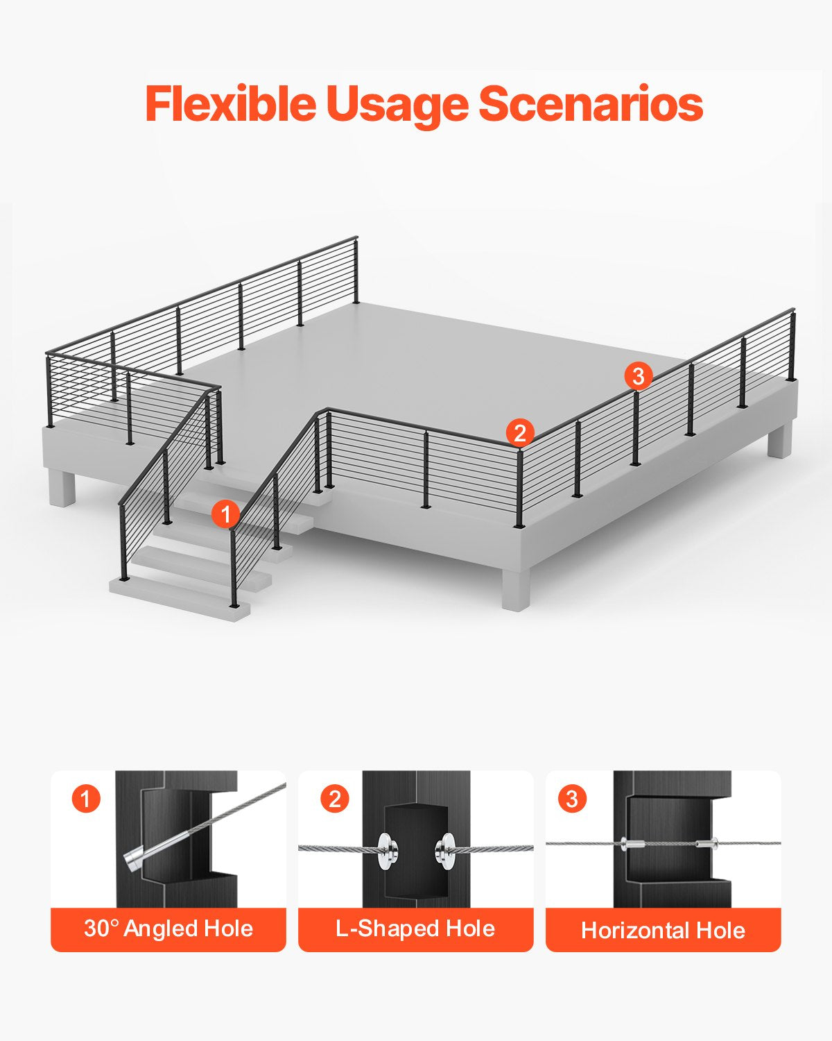 1-Pack Cable Railing Post, 36x2x2 In Horizontal-Hole Deck Railing Post with Pre-Drilled Holes, Stainless Steel Cable Rail Post with Horizontal and Curved Bracket, Black, 1JZLGZXHS9148RVYS001V0