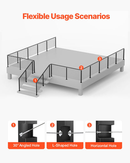 1-Pack Cable Railing Post, 36x2x2 In Horizontal-Hole Deck Railing Post with Pre-Drilled Holes, Stainless Steel Cable Rail Post with Horizontal and Curved Bracket, Black, 1JZLGZXHS9148RVYS001V0