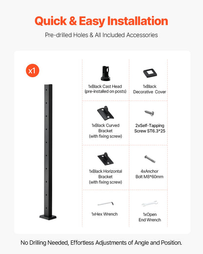 1-Pack Cable Railing Post, 36x2x2 In Horizontal-Hole Deck Railing Post with Pre-Drilled Holes, Stainless Steel Cable Rail Post with Horizontal and Curved Bracket, Black, 1JZLGZXHS9148RVYS001V0