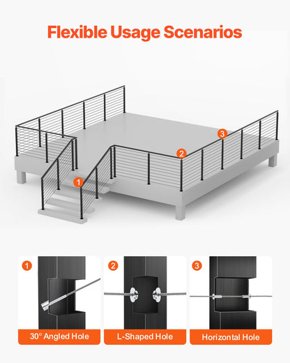 Cable Railing Post, 36x1x2 Inch Corner Railing Post, with L-Shaped Pre-Drilled Holes, Stainless Steel Cable Rail Post with Horizontal and Curved Bracket, 1-Pack, Black, 1JZLGZXHS914IVCFL001V0
