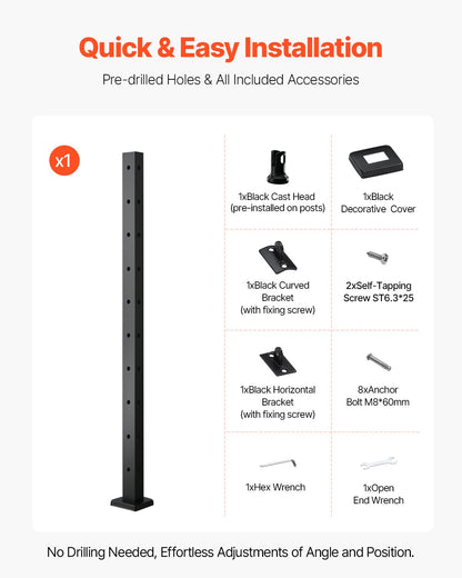 Cable Railing Post, 36x1x2 Inch Corner Railing Post, with L-Shaped Pre-Drilled Holes, Stainless Steel Cable Rail Post with Horizontal and Curved Bracket, 1-Pack, Black, 1JZLGZXHS914IVCFL001V0