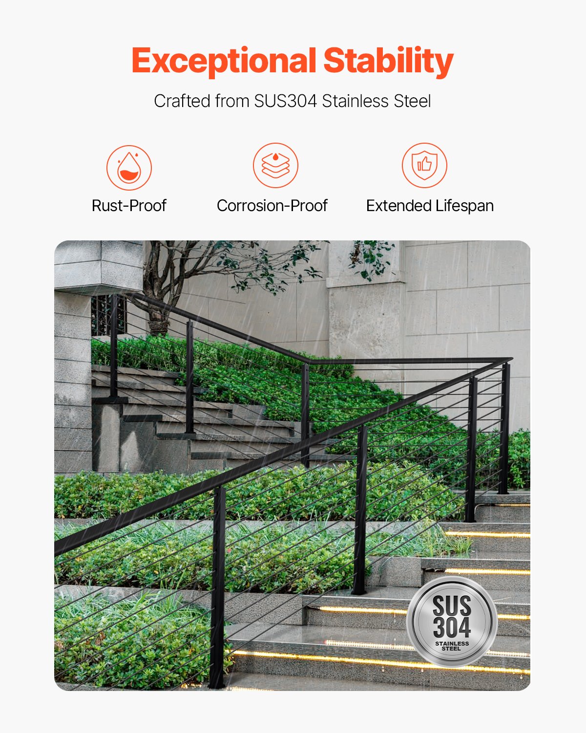 Cable Railing Post, 36x2x2 Inch Stair Railing Post, with Pre-Drilled 30° Angled Holes, Stainless Steel Cable Rail Post with Horizontal and Curved Bracket, 1-Pack, Black, 1JZLGZXHS914YIVIS001V0