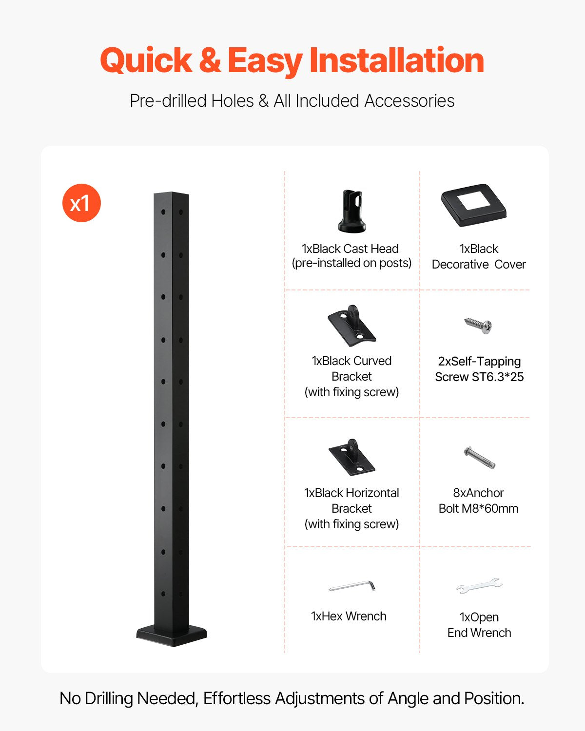 Kabelgeländerpfosten, 914,4 x 50,8 x 50,8 mm Eckgeländerpfosten, mit L-förmigen vorgebohrten Löchern, Edelstahl mit horizontaler und gebogener Halterung, 1 Stück, Schwarz, 1JZLGZXHS914ZPBNY001V0