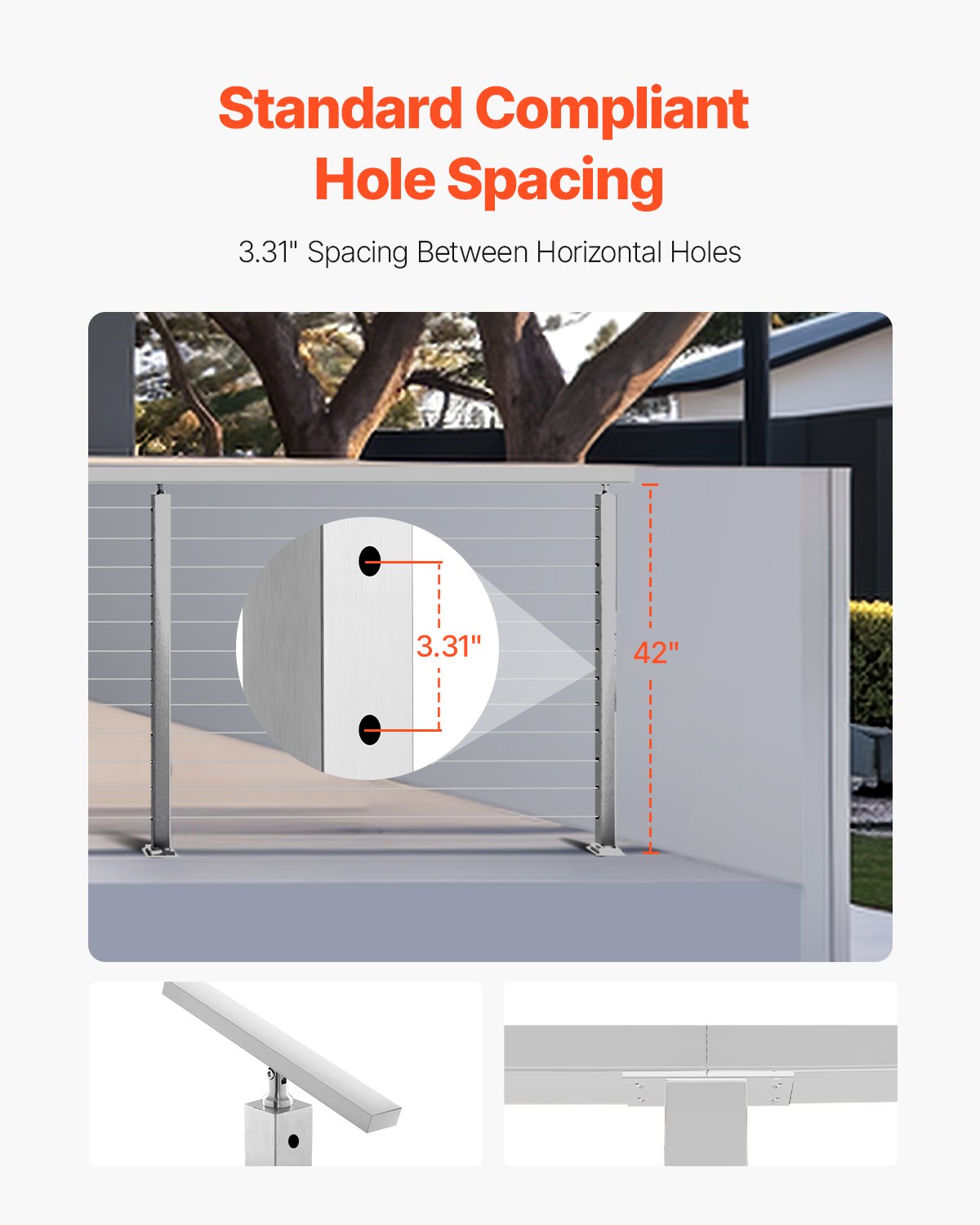 Geländerpfosten aus Edelstahl, 42 x 2 x 2 Zoll, ebene Treppenpfosten, 1 Stück, vorgebohrte Pfosten mit Montagehalterung, silberfarben, 1JZLGZXYS1061EF8W001V0