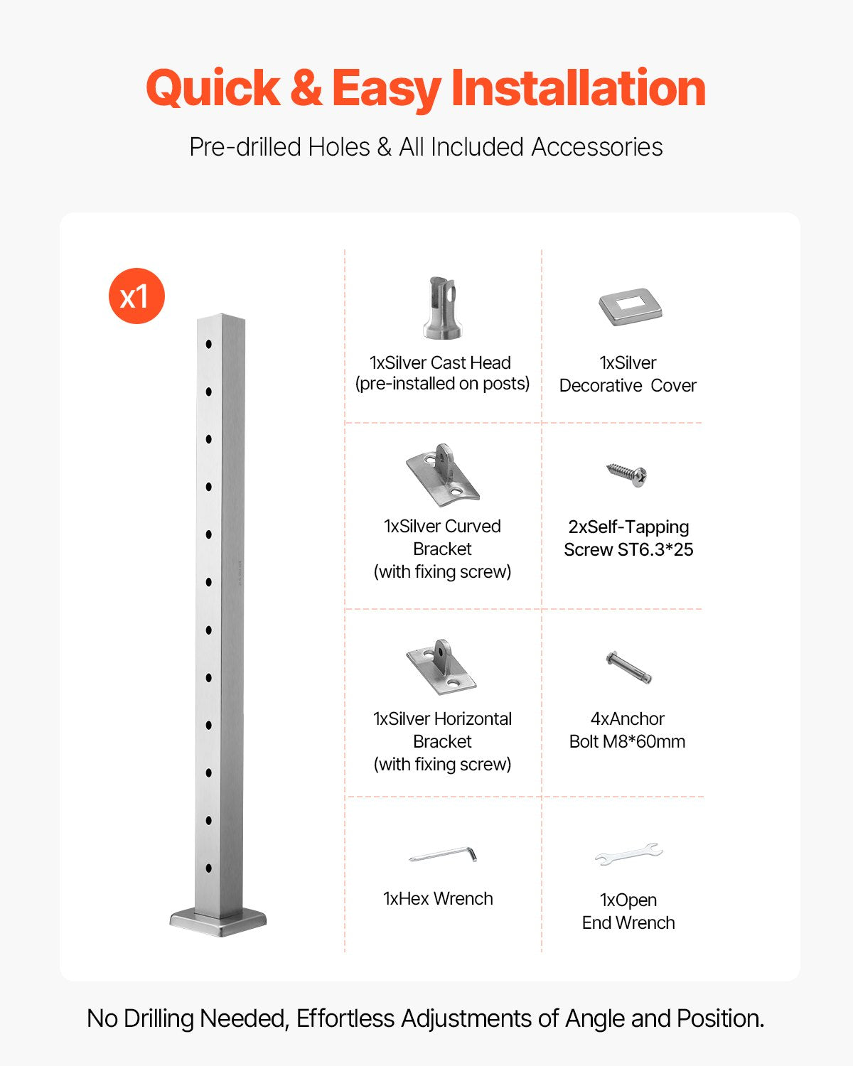 Geländerpfosten aus Edelstahl, 42 x 2 x 2 Zoll, ebene Treppenpfosten, 1 Stück, vorgebohrte Pfosten mit Montagehalterung, silberfarben, 1JZLGZXYS1061EF8W001V0
