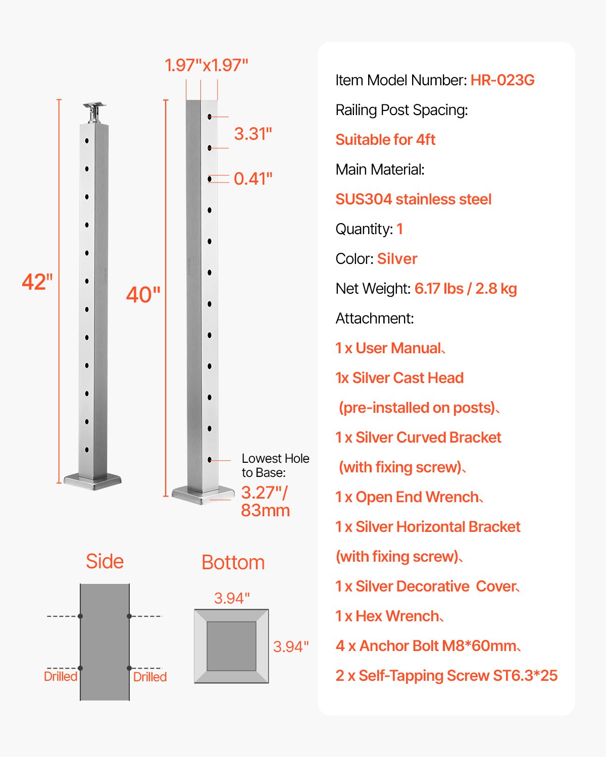 Geländerpfosten aus Edelstahl, 42 x 2 x 2 Zoll, ebene Treppenpfosten, 1 Stück, vorgebohrte Pfosten mit Montagehalterung, silberfarben, 1JZLGZXYS1061EF8W001V0