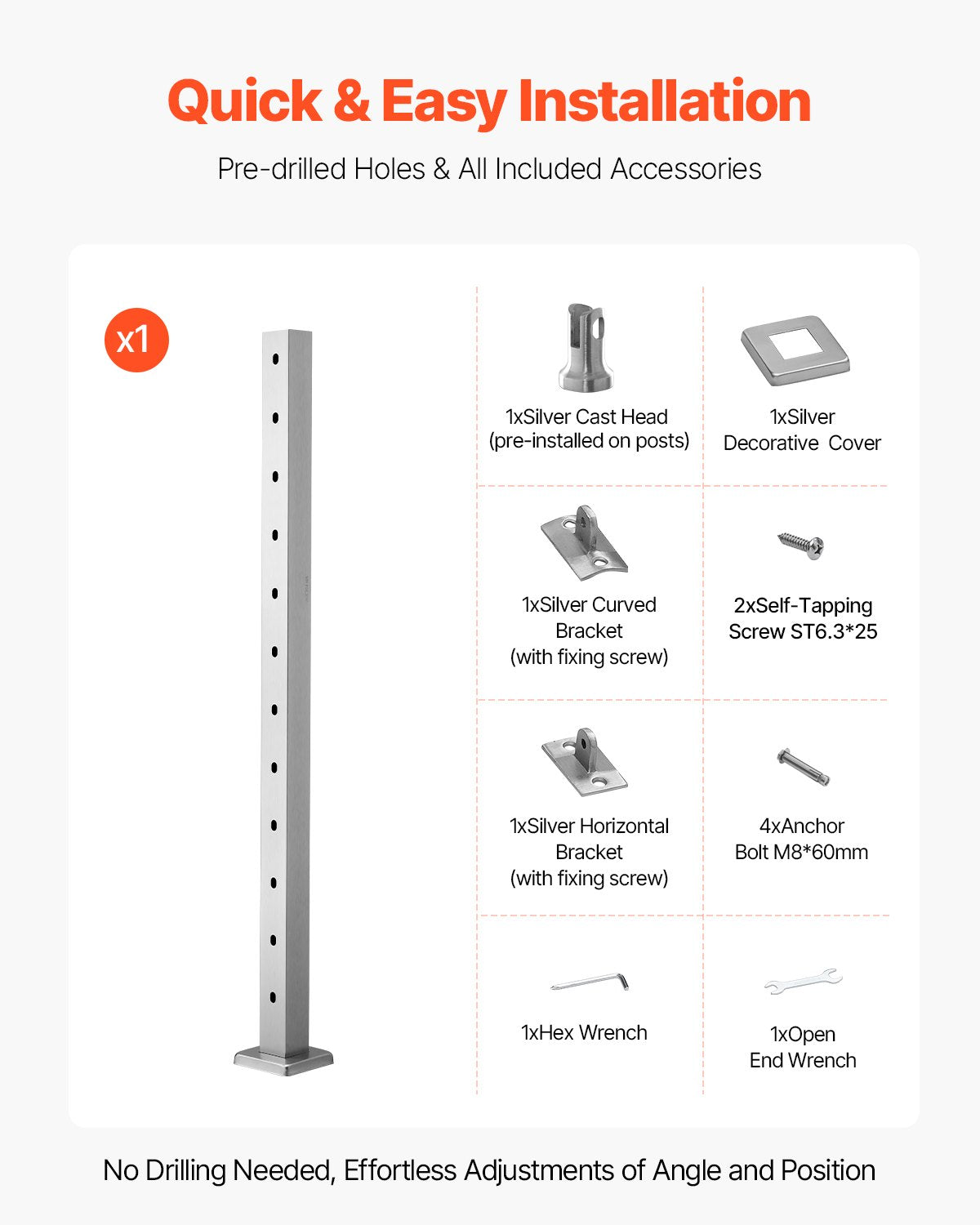 Treppengeländerpfosten aus Edelstahl, 42 x 2 x 2 Zoll, mit vorgebohrten 30°-Winkellöchern, inklusive horizontaler und gebogener Halterung, 1 Stück, Silber, 1JZLGZXYS1062TLWC001V0