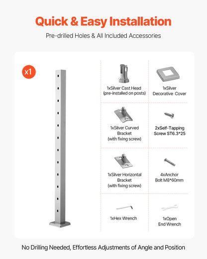 Treppengeländerpfosten aus Edelstahl, 42 x 2 x 2 Zoll, mit vorgebohrten 30°-Winkellöchern, inklusive horizontaler und gebogener Halterung, 1 Stück, Silber, 1JZLGZXYS1062TLWC001V0