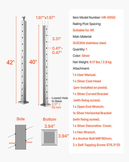 Treppengeländerpfosten aus Edelstahl, 42 x 2 x 2 Zoll, mit vorgebohrten 30°-Winkellöchern, inklusive horizontaler und gebogener Halterung, 1 Stück, Silber, 1JZLGZXYS1062TLWC001V0