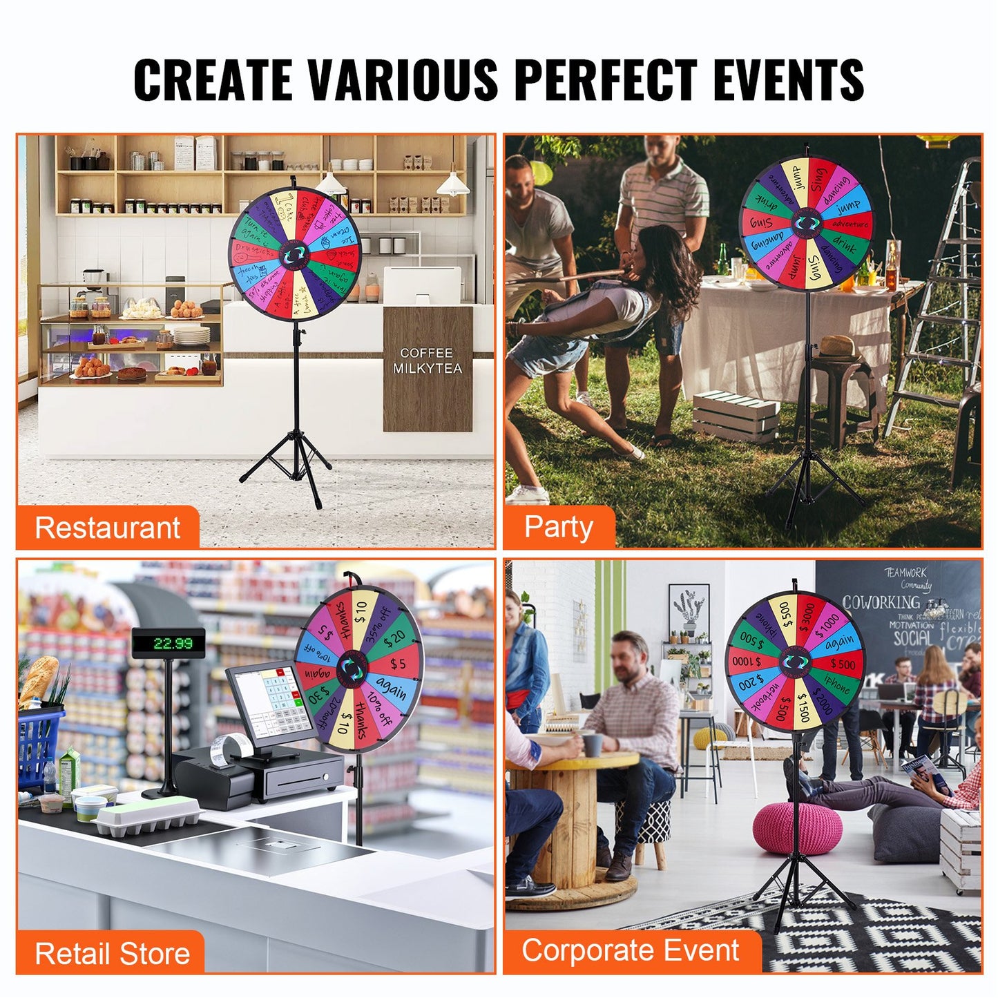 24” Color Prize Wheel Tripod Floor Stand Color Prize Wheel 14 Slots Dry Ease Fortune Spinner Fortune Spinning Game