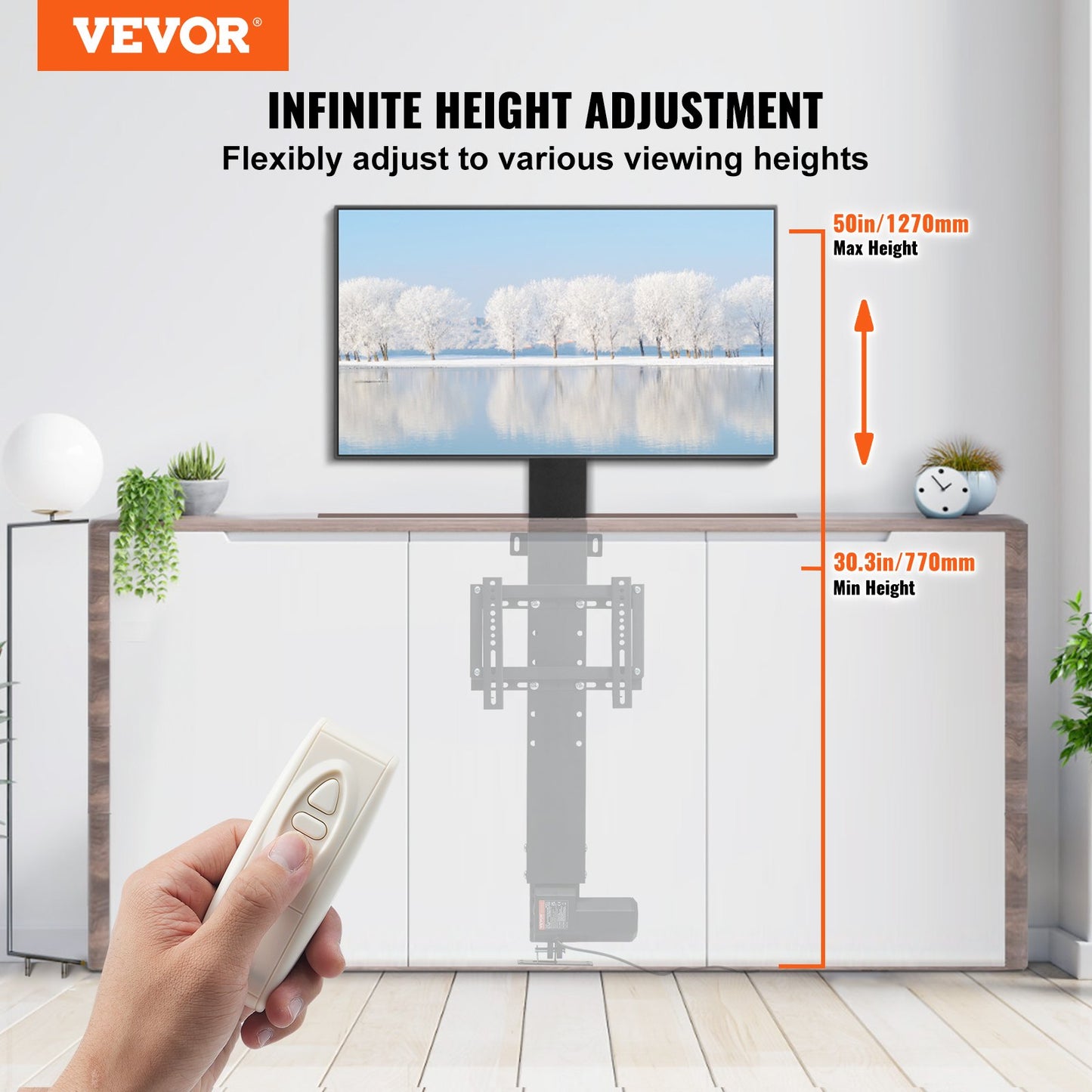 Motorized TV Lift Stroke Length 50.8 cm Motorized TV Mount Fit for 71.1–81.3 cm TV Lift with Remote Control Height Adjustable Load Capacity 59.9 kg Wireless Remote Control