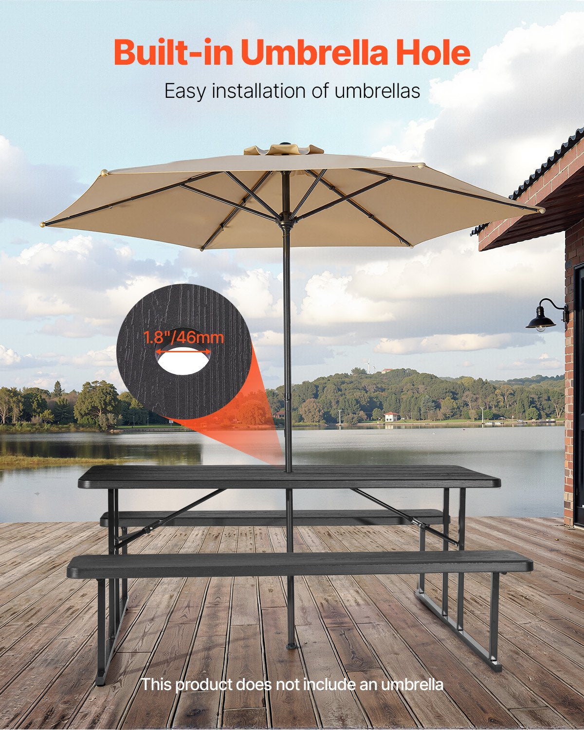 Foldable Picnic Table, 6 FT Folding Picnic Tables with Benches, Steel Outdoor Bench Set with Umbrella Hole, Large Outside Dining Table for Patio Garden Yard Poolside (Black)