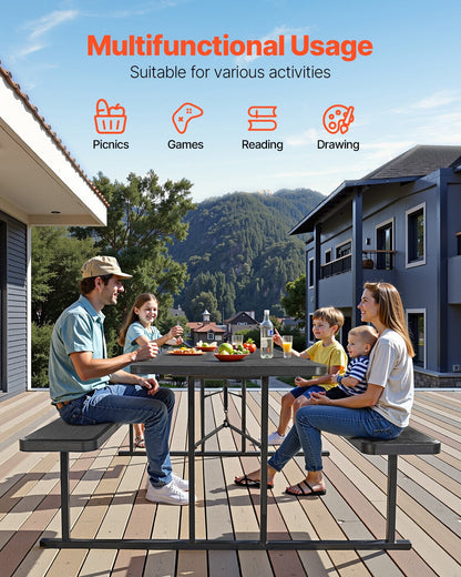 Foldable Picnic Table, 6 FT Folding Picnic Tables with Benches, Steel Outdoor Bench Set with Umbrella Hole, Large Outside Dining Table for Patio Garden Yard Poolside (Black)