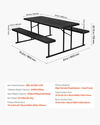 Foldable Picnic Table, 6 FT Folding Picnic Tables with Benches, Steel Outdoor Bench Set with Umbrella Hole, Large Outside Dining Table for Patio Garden Yard Poolside (Black)