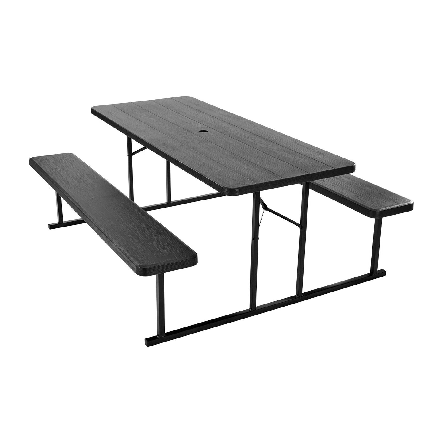 Foldable Picnic Table, 6 FT Folding Picnic Tables with Benches, Steel Outdoor Bench Set with Umbrella Hole, Large Outside Dining Table for Patio Garden Yard Poolside (Black)
