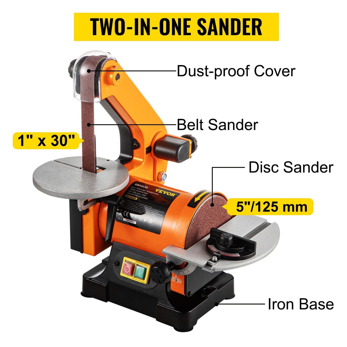 VEV Electric Belt Grinder Sander 300W Electric Belt & Disc Sander 5 Inch Metal Bench Sanding Machine Grinder Polisher 2950 RPM Variable Speed Workshop Sanding Grinding Machine
