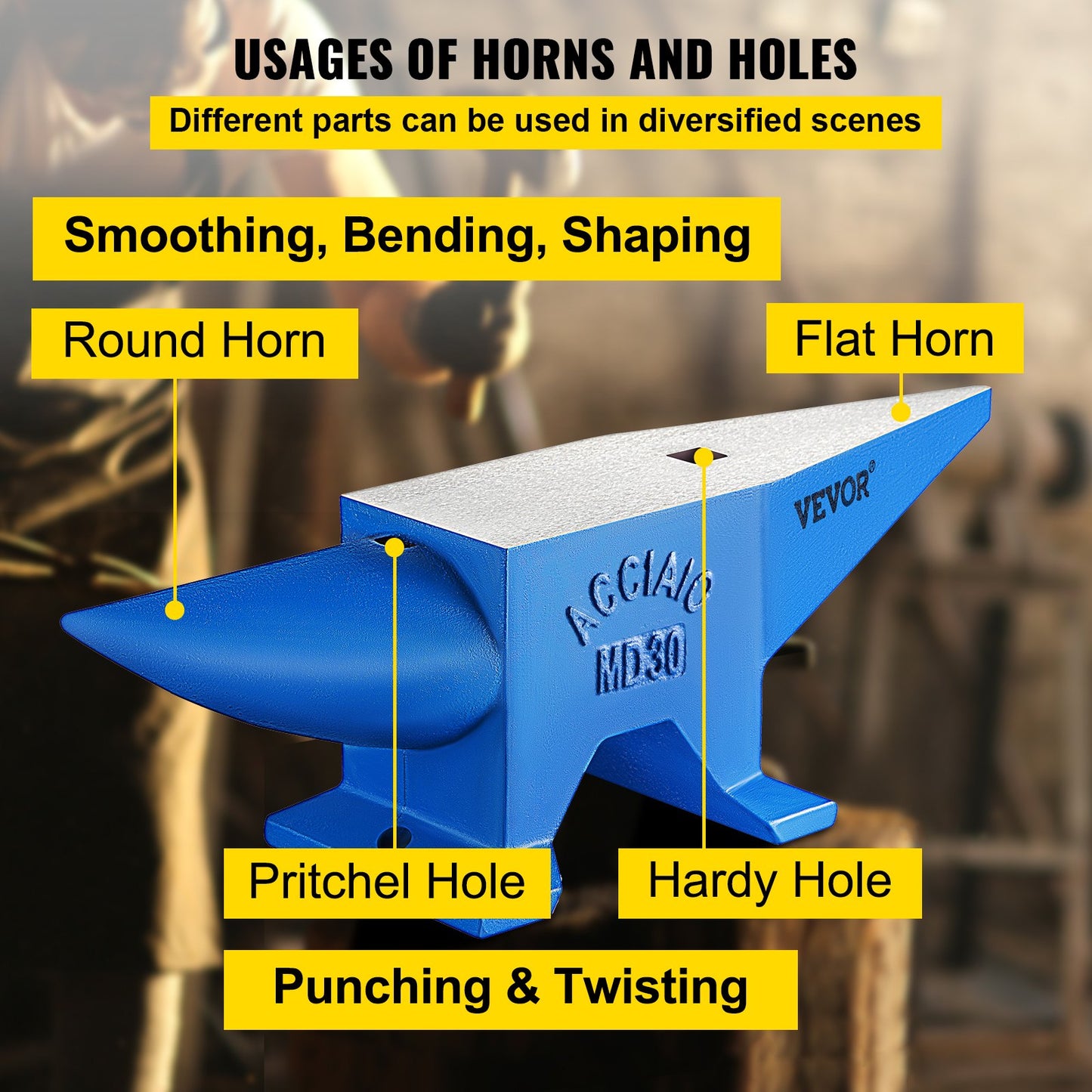 Mophorn Hornamboss, Stahlamboss, Schmiedegewicht 30 kg, Schmiedeamboss, Stahlamboss, Rundhorn, Metallbearbeitung, Stahlamboss, Schmiede, robustes Loch