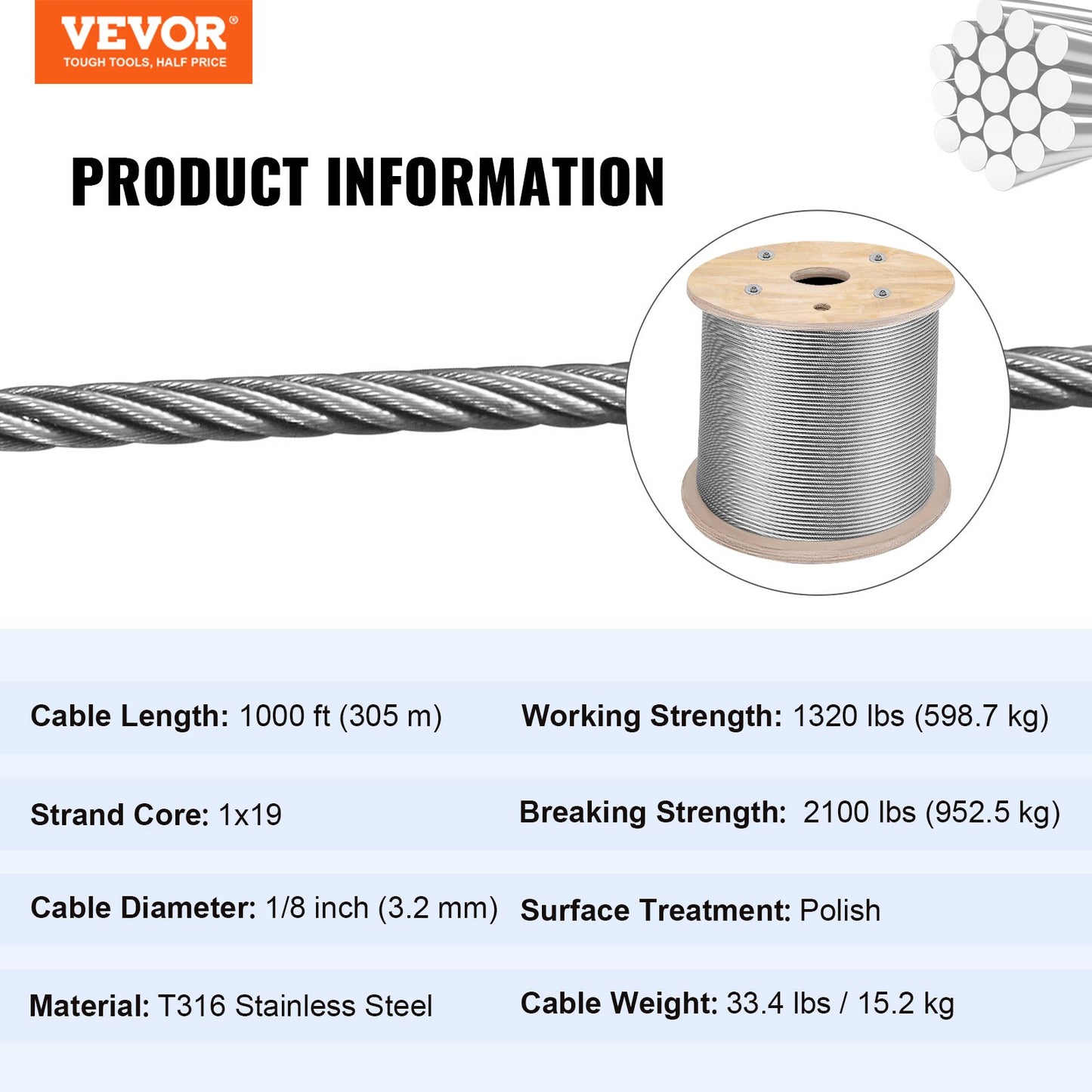 T316 Stainless Steel Wire Rope Cable High Strength Tension Flexible Stainless Steel Cable OD 3.2MM Length 1000Ft 11.14KN Cable Railing(300M)