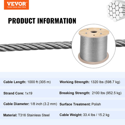 T316 Stainless Steel Wire Rope Cable High Strength Tension Flexible Stainless Steel Cable OD 3.2MM Length 1000Ft 11.14KN Cable Railing(300M)