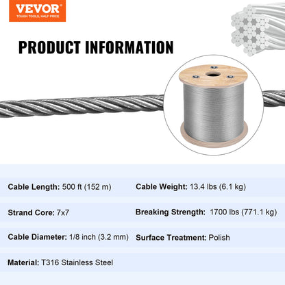T316 Stainless Steel Cable 3.2 mm 7x7 Steel Wire Rope Cable 15240 cm Cable Railing Transport Wire Rope Cable for Railing Decking DIY Balustrade