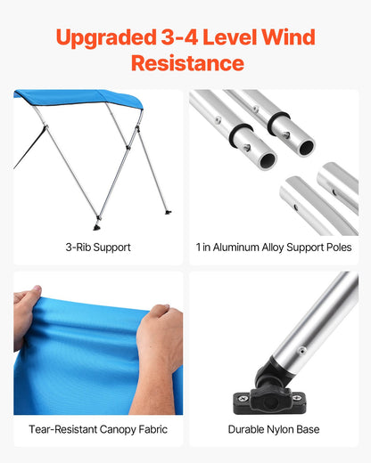 3 Bow Boat Bimini Tops, 600D Polyester Canopy with Aluminum Alloy Frame, Waterproof & Sun Shade Boat Awning Canopy with Storage Bag, 2 Support Poles, 4 Straps, 6'Lx(54"-60")Wx46"H, Pacific Blue