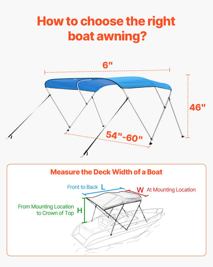 3 Bow Boat Bimini Tops, 600D Polyester Canopy with Aluminum Alloy Frame, Waterproof & Sun Shade Boat Awning Canopy with Storage Bag, 2 Support Poles, 4 Straps, 6'Lx(54"-60")Wx46"H, Pacific Blue