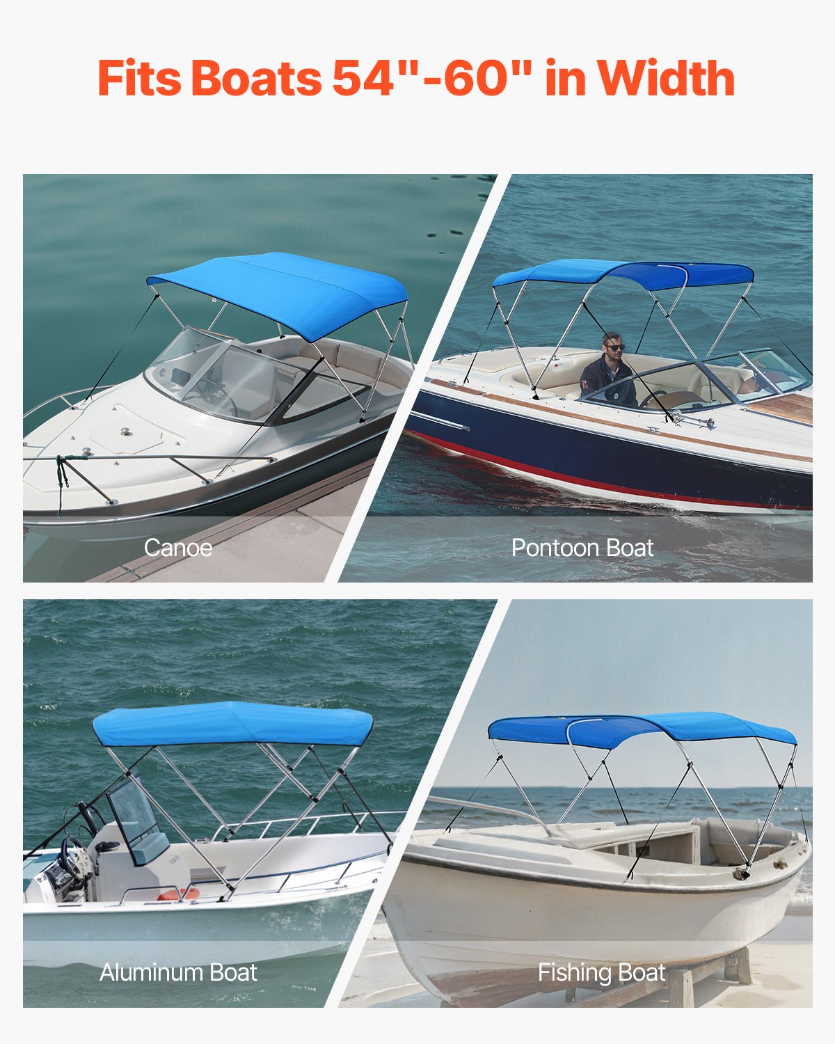 3 Bow Boat Bimini Tops, 600D Polyester Canopy with Aluminum Alloy Frame, Waterproof & Sun Shade Boat Awning Canopy with Storage Bag, 2 Support Poles, 4 Straps, 6'Lx(54"-60")Wx46"H, Pacific Blue