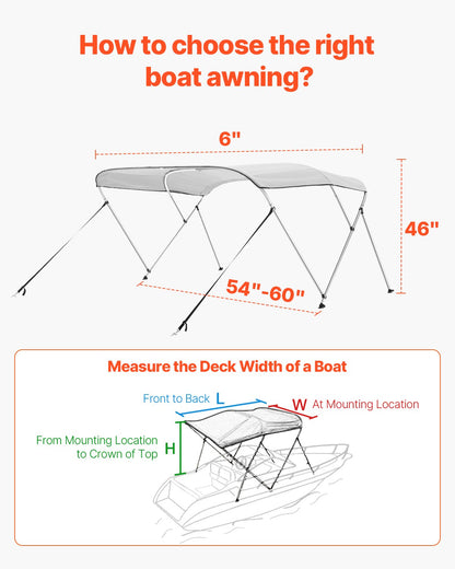 3 Bow Boat Bimini Tops, 600D Polyester Canopy with Aluminum Alloy Frame, Waterproof & Sun Shade Boat Awning Canopy with Storage Bag, 2 Support Poles, 4 Straps, 6'Lx(54"-60")Wx46"H, Light Grey