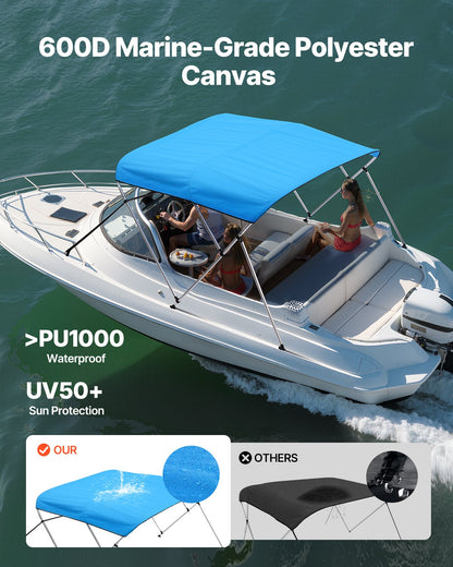 3 Bow Boat Bimini Top, 600D Polyester Canopy with Aluminum Alloy Frame, Waterproof & Sun Shade Boat Awning Canopy with Storage Bag, 2 Support Poles, 4 Straps, 72"Lx(73"-78")Wx46"H, Pacific Blue